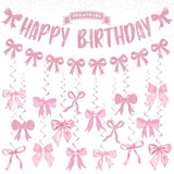 Pink Bow Birthday Decorations, Coquette Birthday Decorations With Glitter Pink Banner Bow Garland And Hanging Swirls Decor Supplies For Girl Cute Themed Party Decorations
