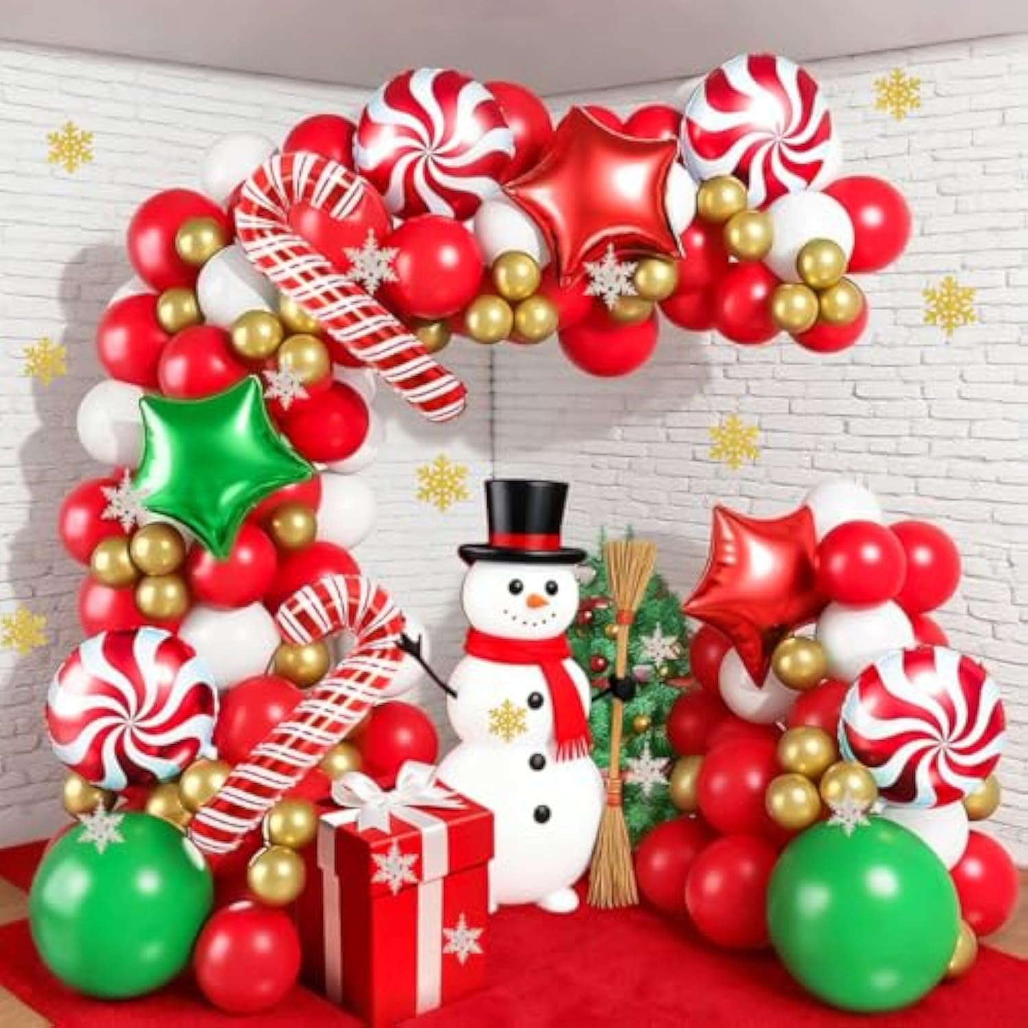 129pc Red Green White Gold Christmas Balloon Arch Kit with Candy & Star Foils