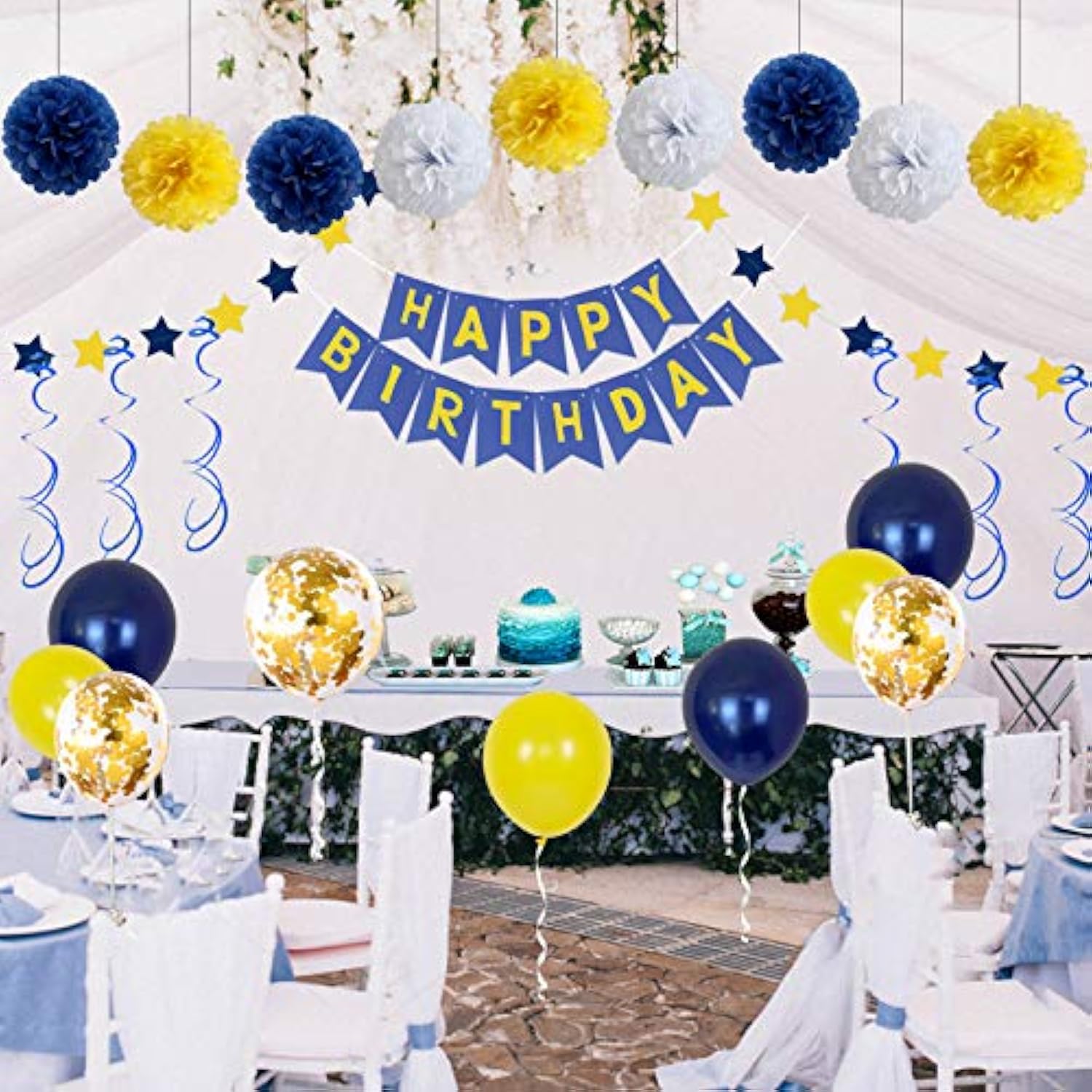 Birthday Decorations, Happy Birthday Party Supplies Bunting Banner For Men Women Navy Blue Yellow Confetti Latex Balloons Paper Pom Poms Hanging Swirls 13Th 16Th 18Th 21St 30Th 40Th