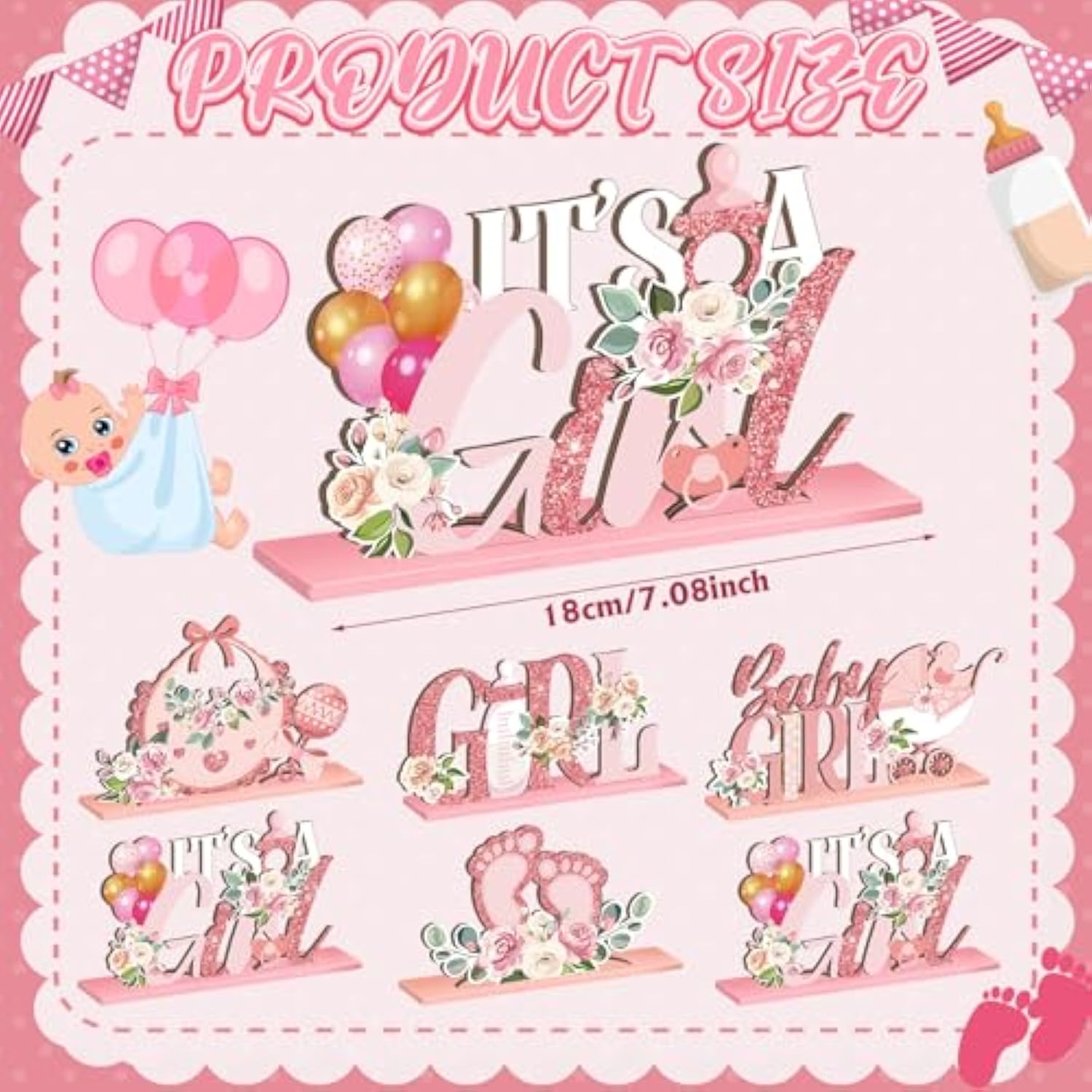 6 Pcs Spring Floral Baby Shower Wooden Centerpieces – "It's a Girl" Table Decor