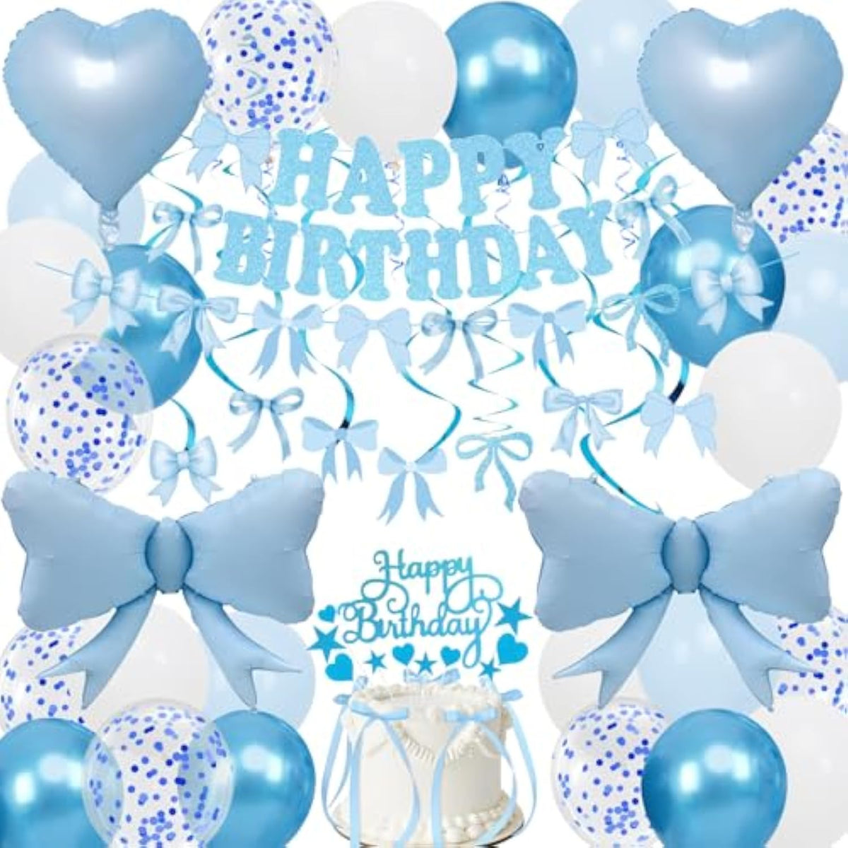 Blue Bow Birthday Decorations, Happy Birthday Banner Garland And Hanging Swirls, 28Pcs Balloons, Cake Toppers, Bow Themed Party Decorations For Girls Women