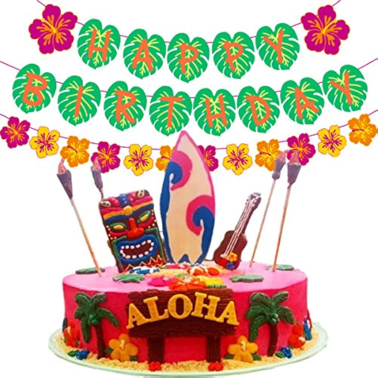 Hawaiian Happy Birthday Banner for Tropical Luau Party, Palm Leaf Decor