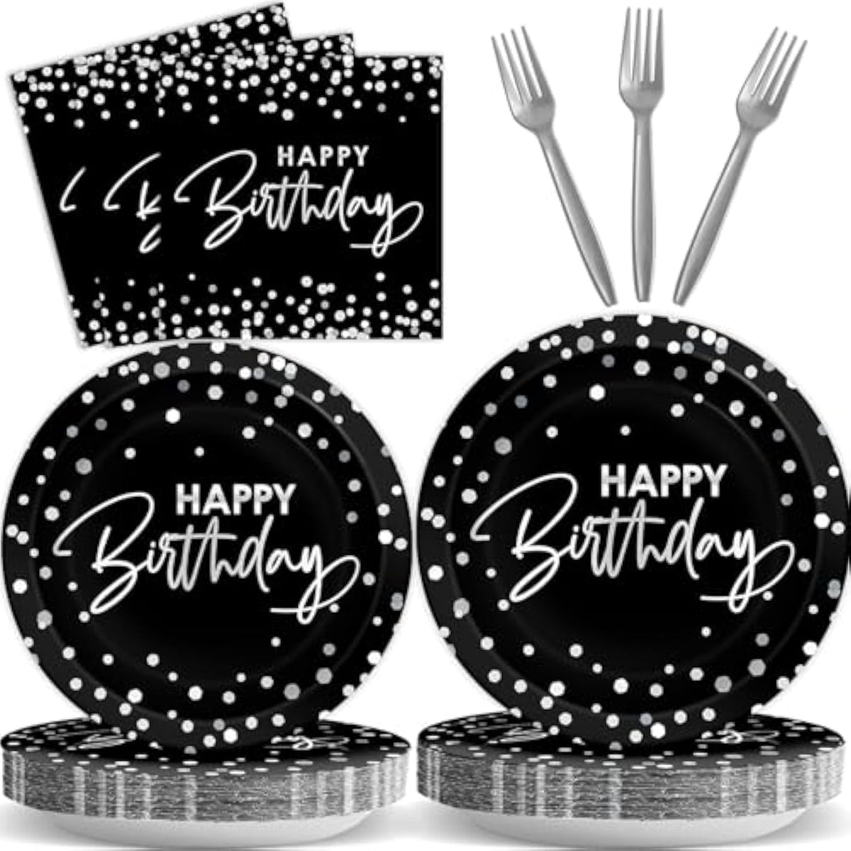 96Pcs Black Silver Birthday Paper Plates And Napkins Party Supplies Happy Birthday Party Decorations Disposable Birthday Party Tableware Dinnerware Set For Women Men Birthday Serves 24 Guests