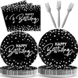 96Pcs Black Silver Birthday Paper Plates And Napkins Party Supplies Happy Birthday Party Decorations Disposable Birthday Party Tableware Dinnerware Set For Women Men Birthday Serves 24 Guests