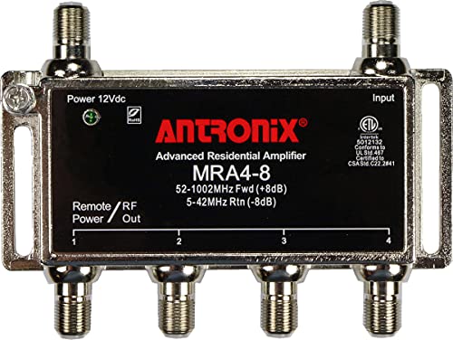 Antronix MRA4-8 Reliable Cable 4-Port TV/Antenna/HDTV/Internet Digital Signal Amplifier/Booster/Splitter with Passive Return, Black Coax Power Cable,