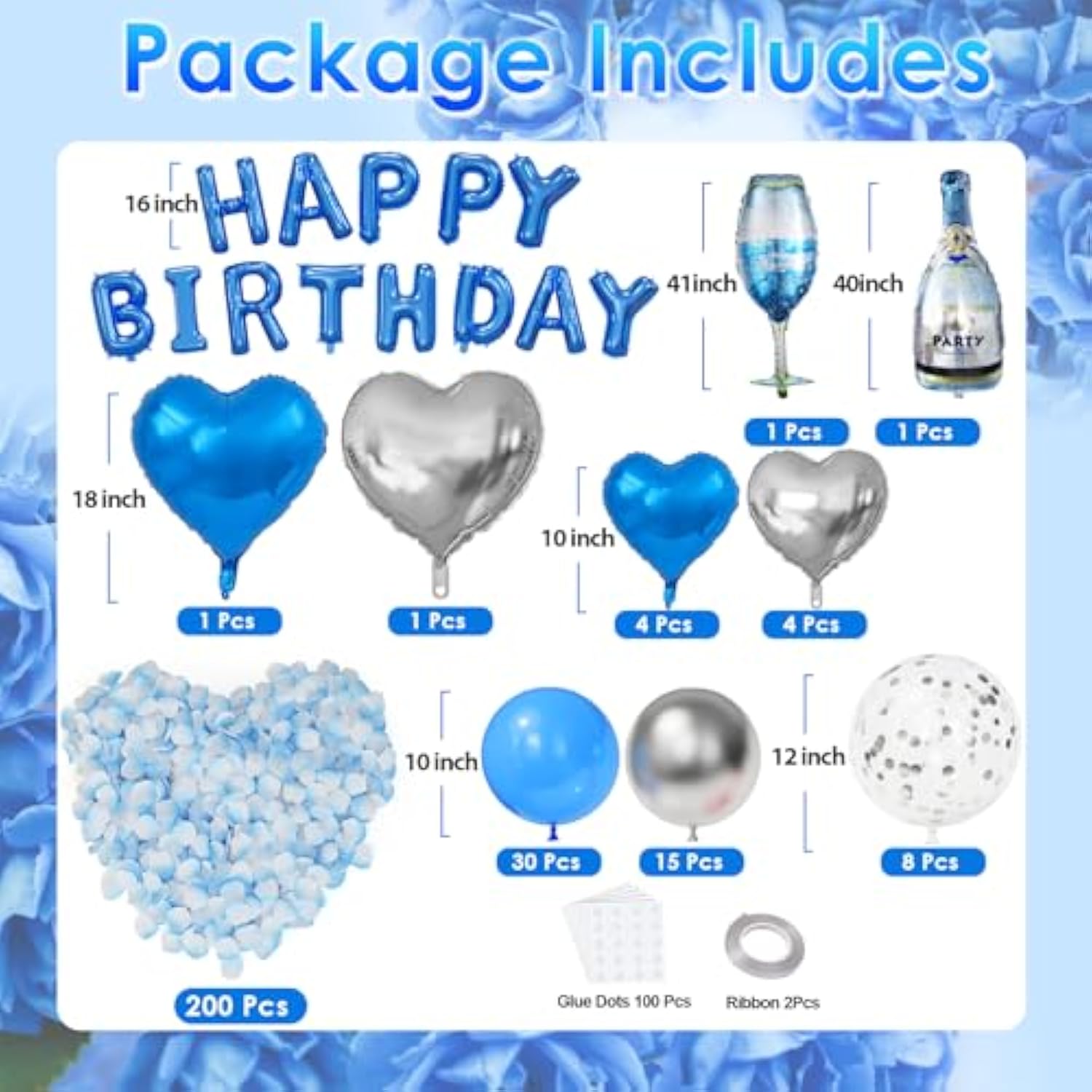 Blue Happy Birthday Decorations Men Blue Silver Letter Balloons with Champagne Set