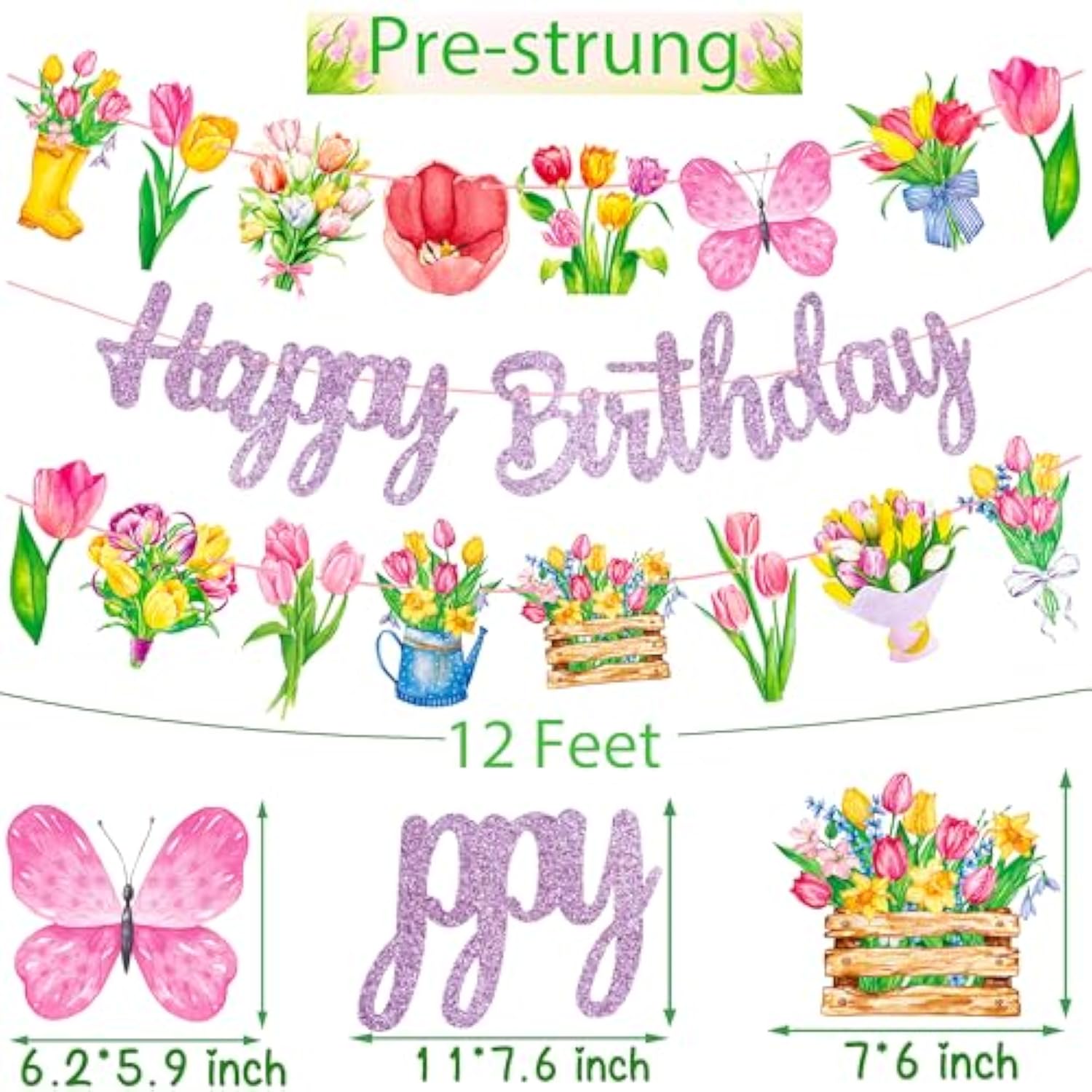 Tulip Birthday Party Banners 3Pcs Spring Floral Banner Purple Tulip Ecorations Spring Birthday Party Decorations For Flower Mom Happy Party Decoration