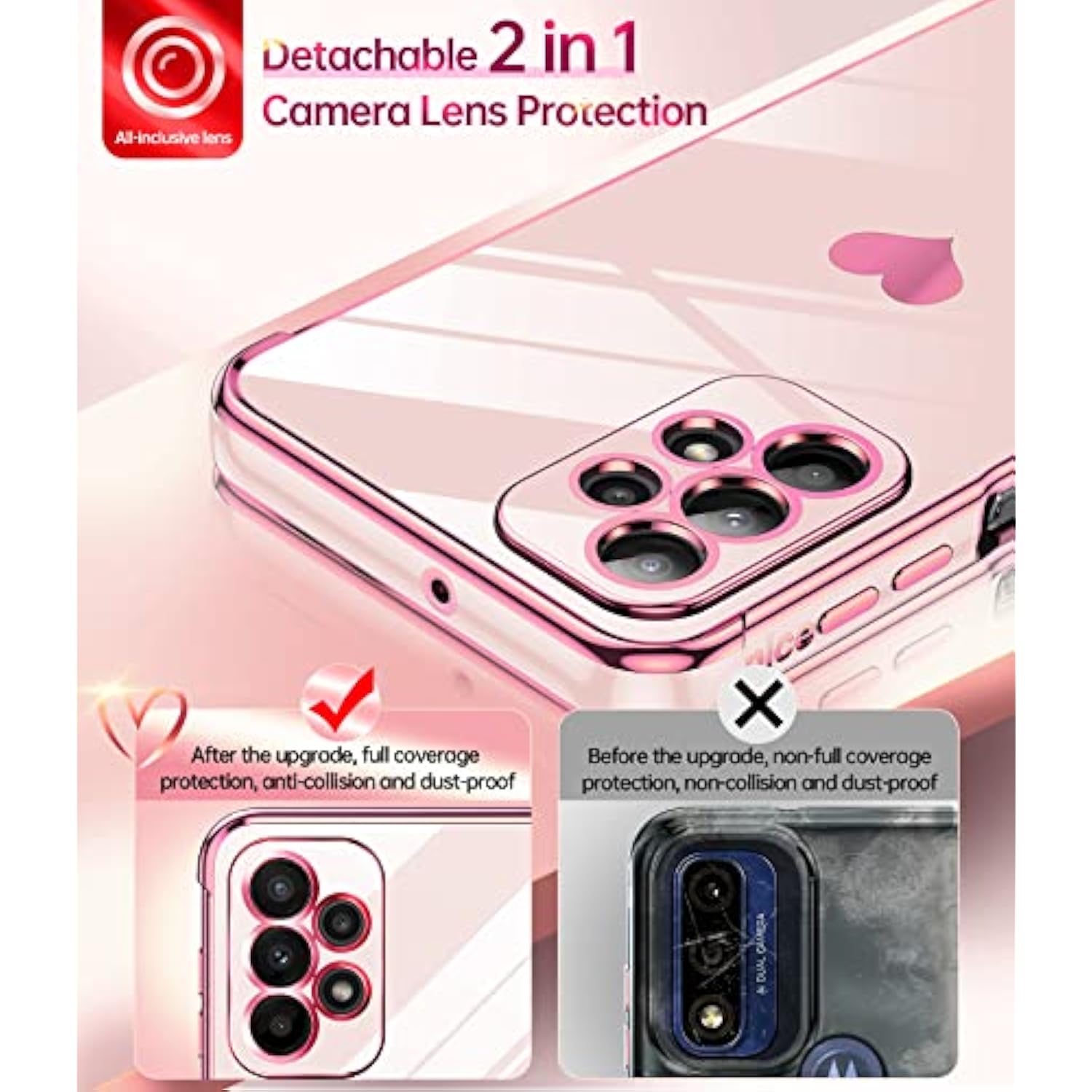 For Samsung Galaxy A23 5G Case: With Screen Protector [2 Pcs]+ Full Camera Protection, Love Heart Plating Girly Women Cute Luxury Soft Tpu Case For Samsung A23 5G, Pink