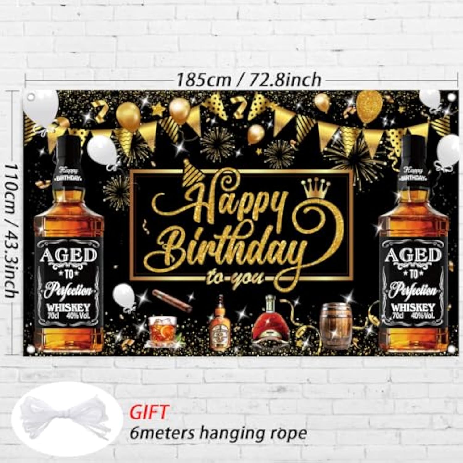 Whiskey Birthday Party Decorations, Aged To Perfection Banner Backdrop, Black And Gold Happy Birthday Banner For Men, Party Supplies