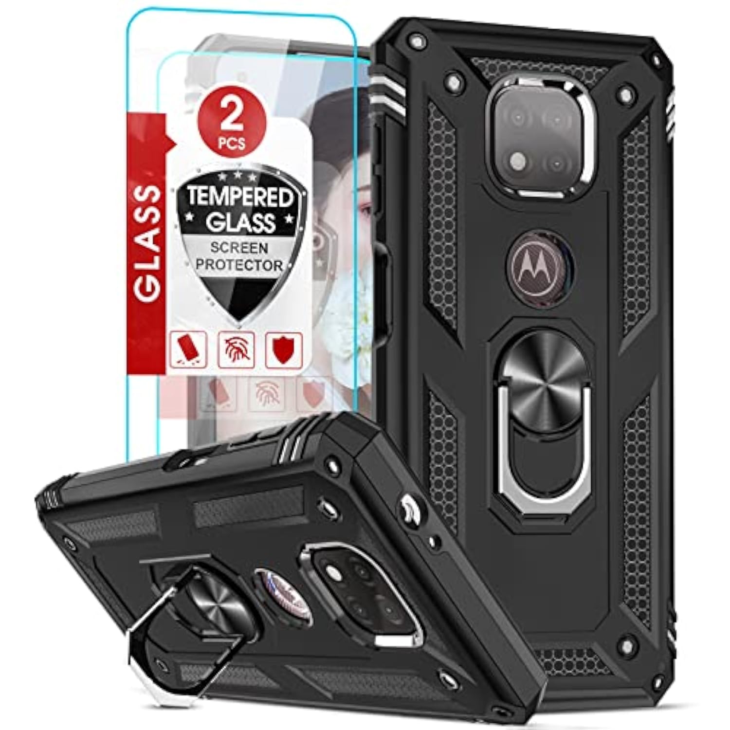 For Moto G Power 2021 Case With [2 Pack] Tempered Glass Screen Protector (Not Fit 2020/2022), [Military-Grade] Shockproof Phone Case With Kickstand For Motorola Moto G Power 2021, Black