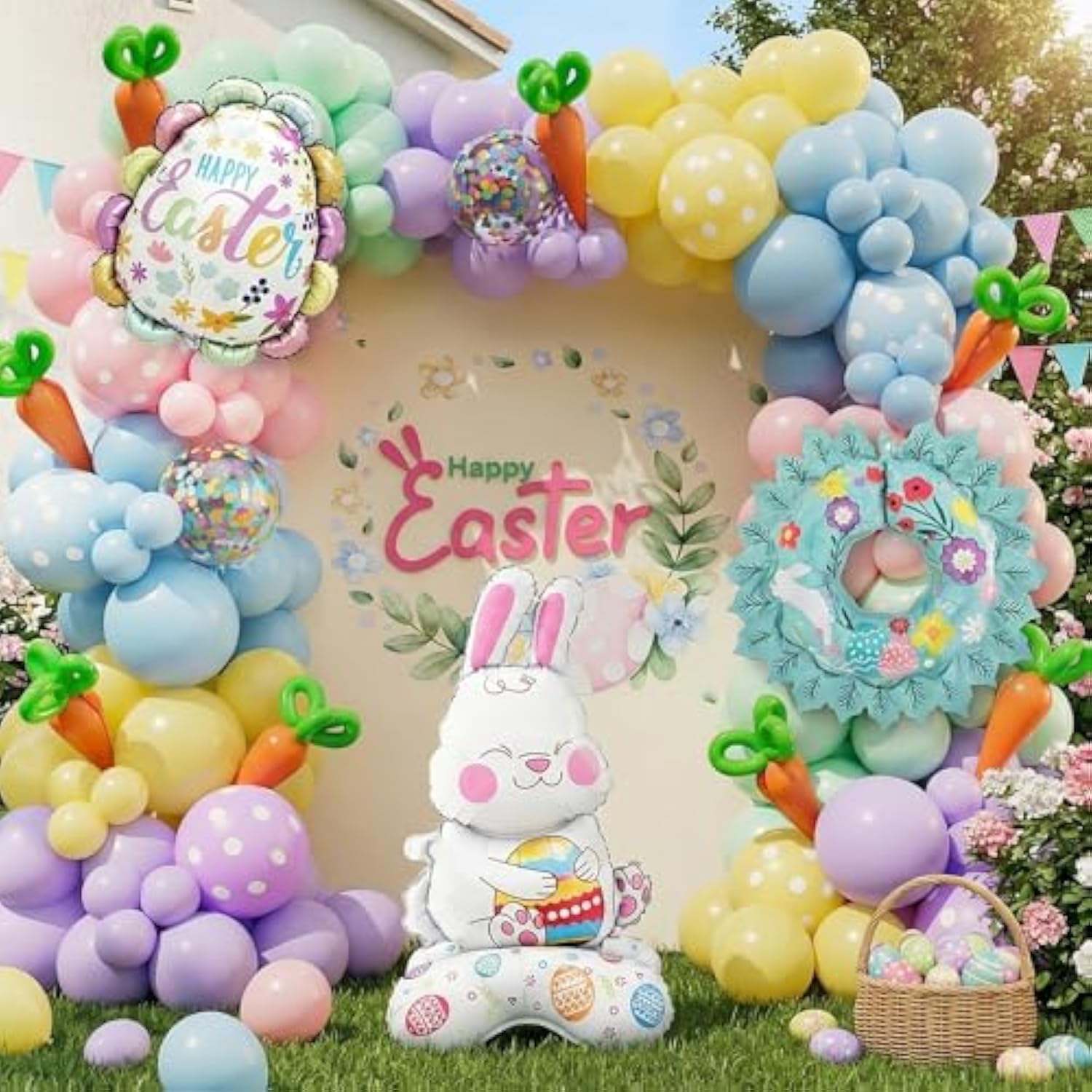 Easter Balloon Garland Arch Kit With Pastel Happy Easter Balloons And Bunny, Carrot, Resurrection Eggs, Easter Wreaths Foil Balloons For Baby Shower Party, Spring Birthday, Easter Decorations