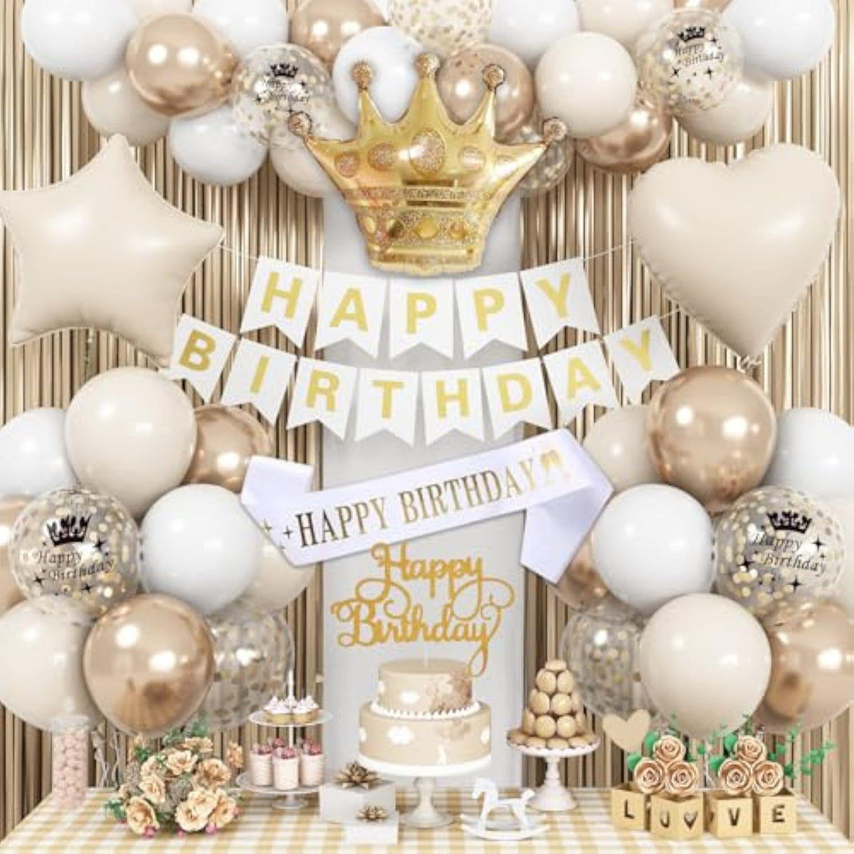42pcs White & Gold Birthday Decorations with Balloons, Banner  Fringe Curtain Decor
