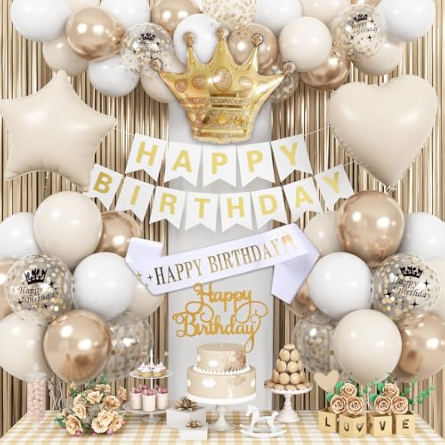 White & Gold Birthday Decor - Cream Champagne Gold Balloons, Banner, Foil Balloons, Fringe Curtain For Boho Party Supplies