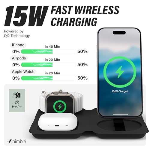 Fold 3-in-1 Wireless Charging Station for iPhone & AirPods, MagSafe Compatible 15W Qi2 Charging Stand, Wireless Charger Dock for iPhone