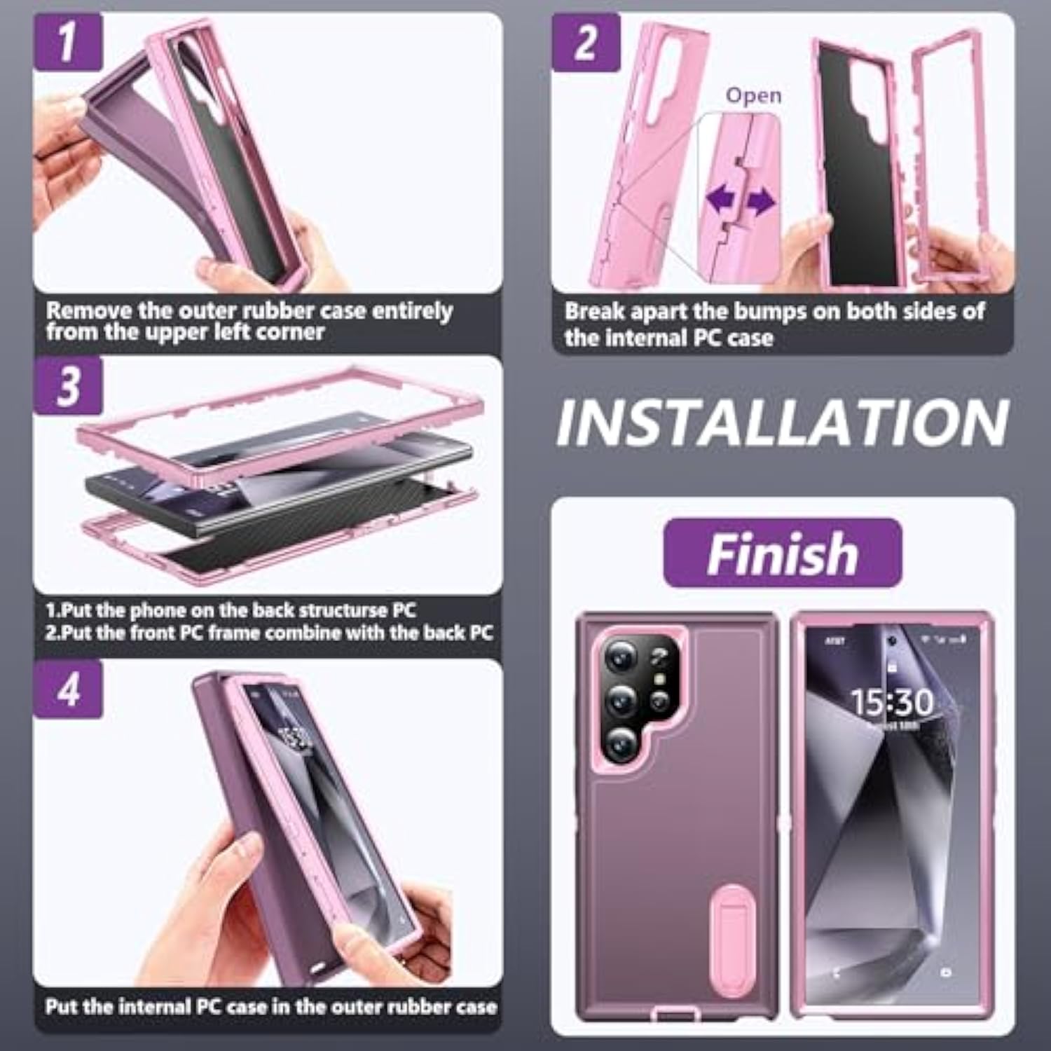 For Samsung Galaxy S24 Ultra Case, Samsung S24 Ultra Phone Case With Built In Kickstand, Shockproof/Dropproof Grade Protective Cover For Galaxy S24 Ultra 5G (Night Purple/Baby Pink)