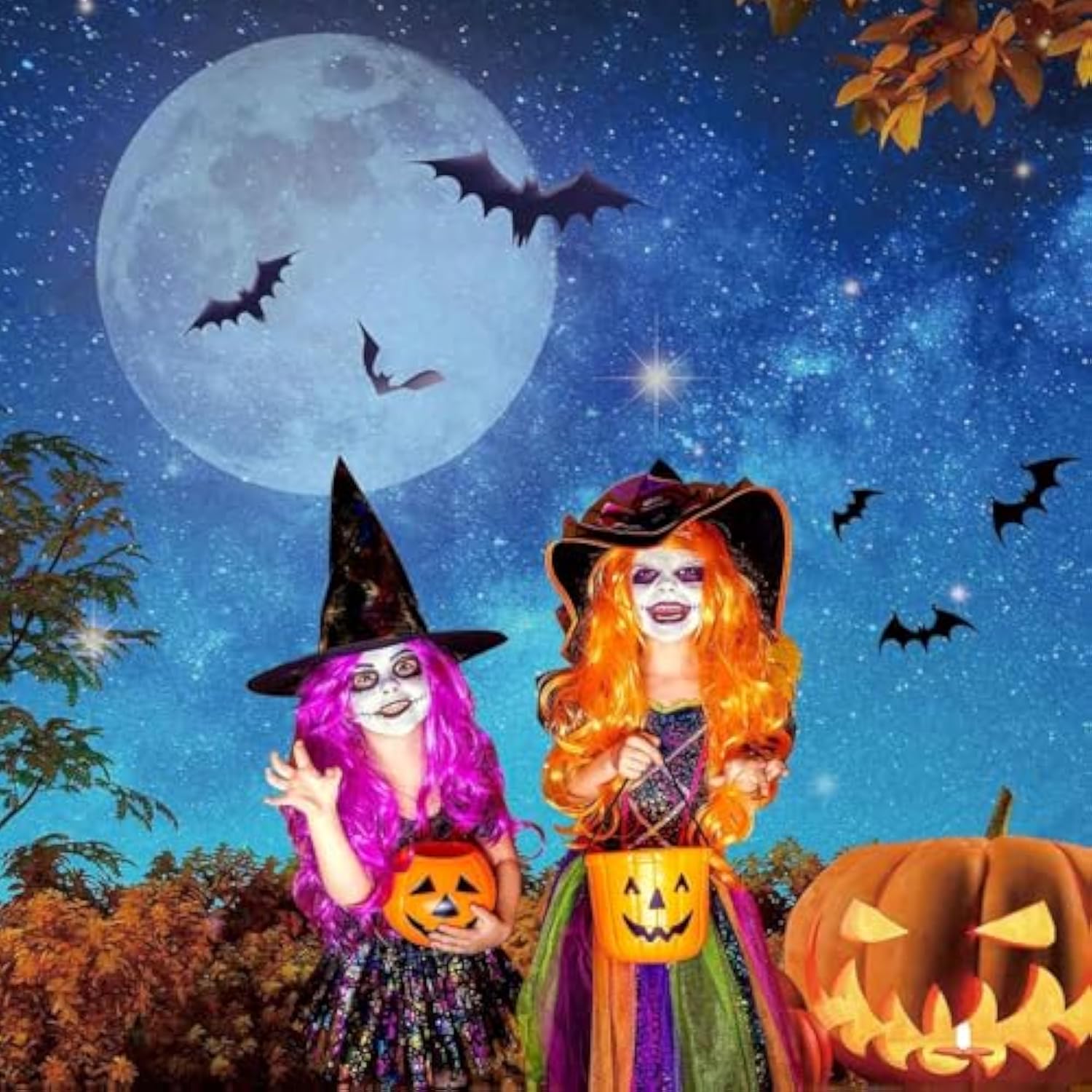 5x7FT Halloween Backdrop Moonlight Pumpkin Fallen Leaves Party Photo Decoration