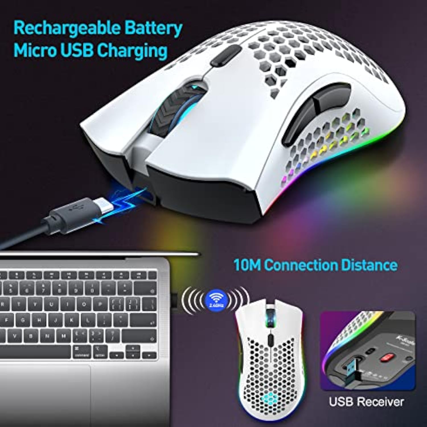 Wireless Gaming Mouse Lightweight Honeycomb Design, Rechargeable Rgb Backlight Computer Mouse With Usb Receiver,Adjustable Dpi,2.4Ghz Wireless Mouse For Pc/Mac/Laptop