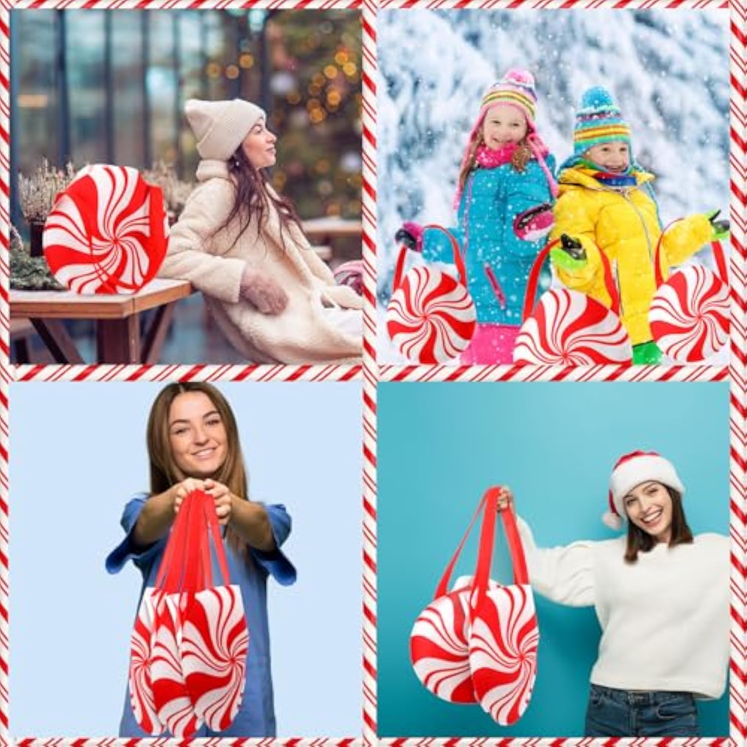 12 Pcs Christmas Gifts Bag Christmas Candy Shaped Bags Reusable Non-Woven Fabric Christmas Tote Bags White Red Gifts Bags With Handle Christmas Candy Treats Cookie Gift Bag For Christmas Party