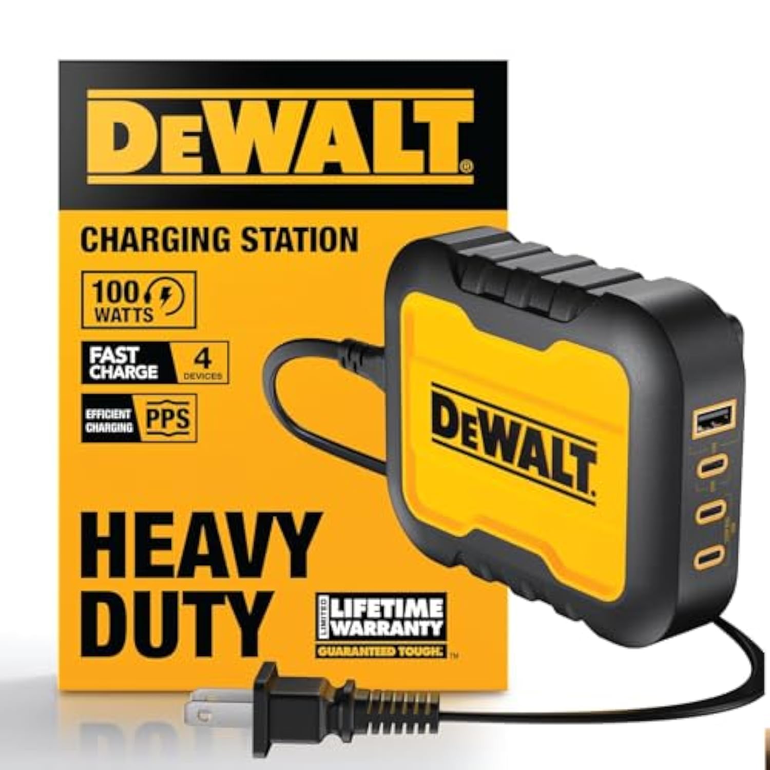 DEWALT Heavy Duty 4 Port USB C Charger Block, 100W USB C Charger Intelligent Power Sharing, 6ft Power Cord, Charge 4 Devices Compatible w/DEWALT 20V Batteries, Perfect for Work Tables & Jobsites