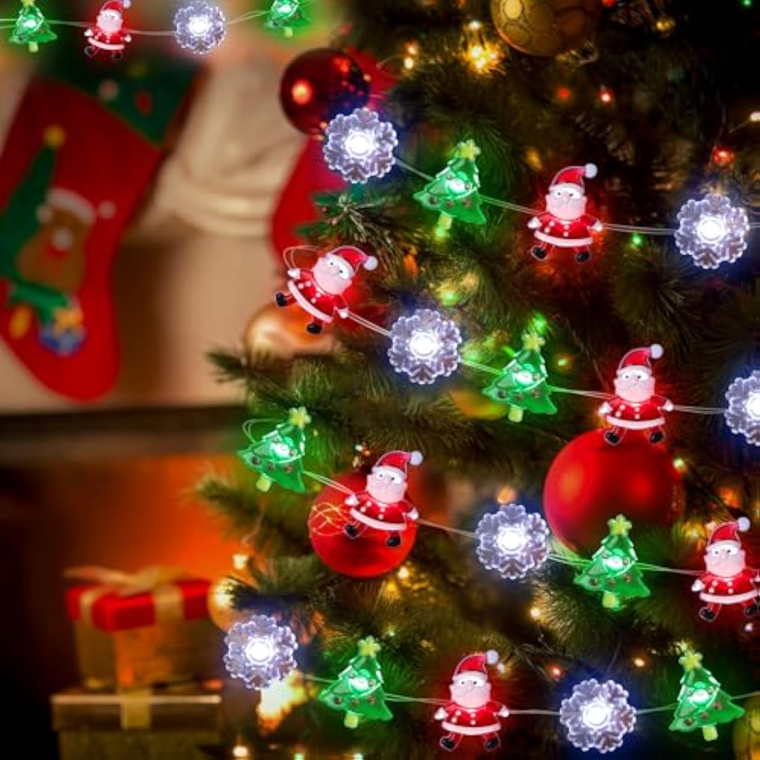 [Timer] Christmas Lights Decorations, 10 Ft 30 Led Battery Operated Christmas Tree Santa Snowflake String Lights, 8 Ligh