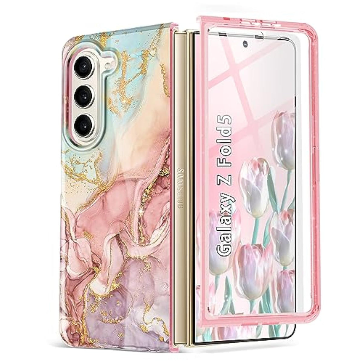 For Samsung Galaxy Z Fold 6 Case,Built In Front Screen Protector,Gold Glitter Marble Pattern Hard Pc Slim Shockproof Full Body Drop Protective Case For Galaxy Z Fold 6 5G, Blue Cyan