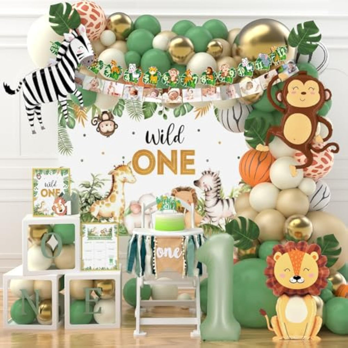 Wild One Birthday Decorations,Jungle Safari Animal Theme First Birthday Decorations Baby Shower Party Supplies For Boy Girl Photo Banner, Balloon Box, Balloons Garland, High Chair Banner, Backdrop