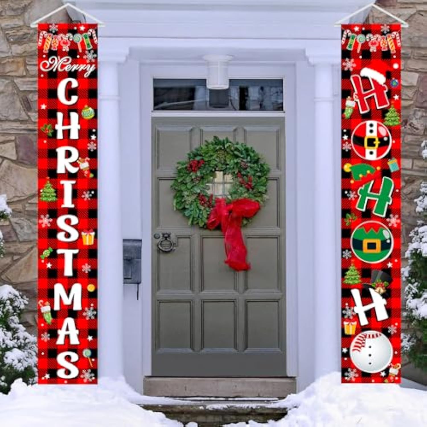 Merry Christmas Front Door Sign Red Buffalo Plaid Christmas Banner - Indoor/Outdoor Decorations