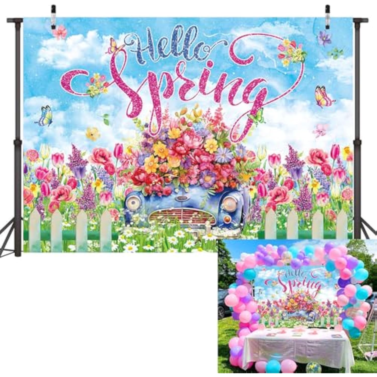 Hello Spring Backdrop Colorful Flower Butterfly Tulip Photography Background Spring Garden Easter Holiday Party Decorations Banner Photo Supplies (82X59Inch(7X5Ft))