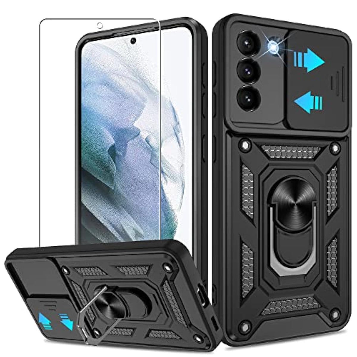 For Samsung Galaxy S21 Case With Hd Screen Protector With Slide Camera Cover, Magnetic Ring Kickstand [Military Grade] Case For Samsung S21, Black