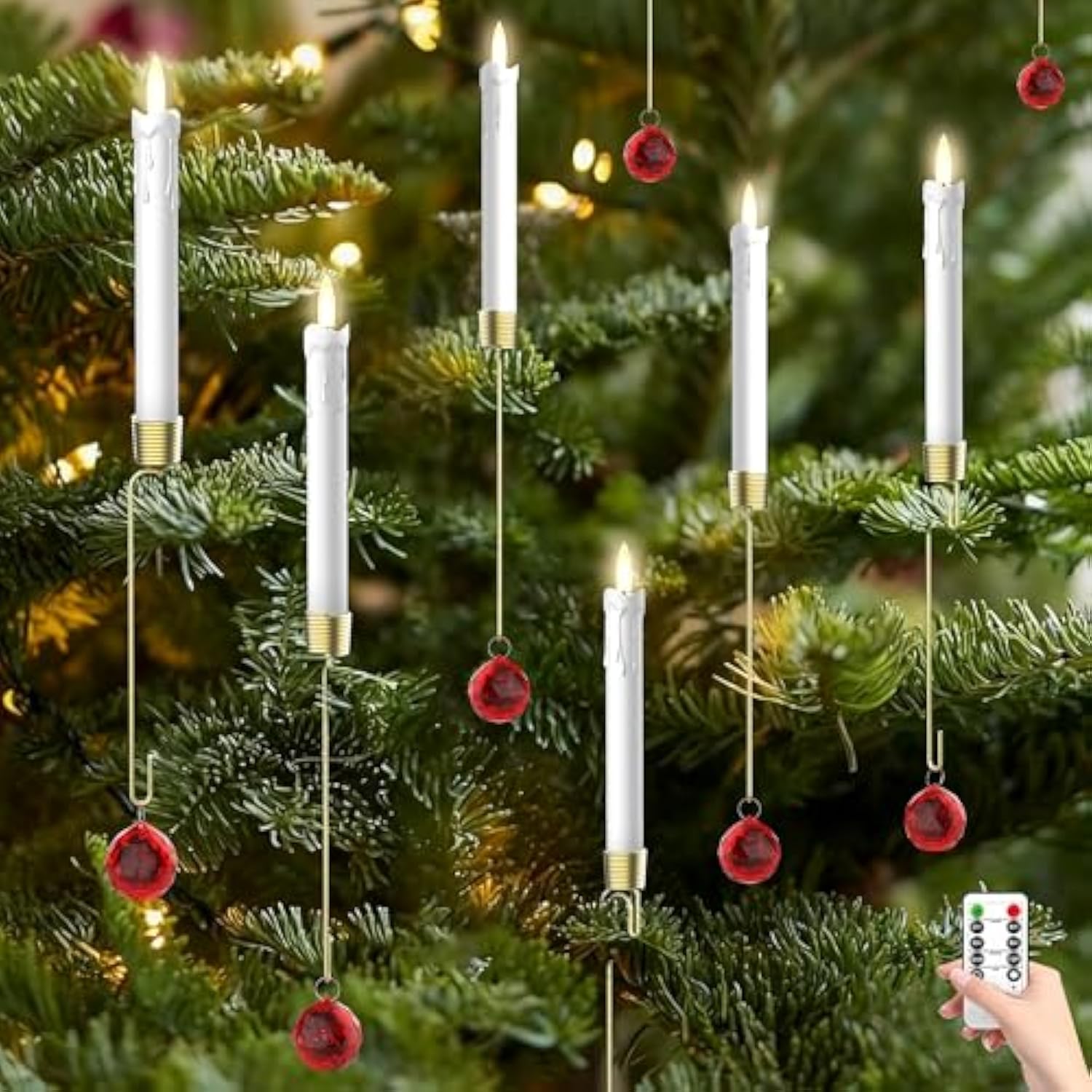 Christmas Tree Candles With Remote, 12 Pack Battery Operated Christmas Candles, Fake Led Candle For Christmas Tree Decor, Party Decor For Xmas Wedding Home Gift With Red Crystal Ball Hook