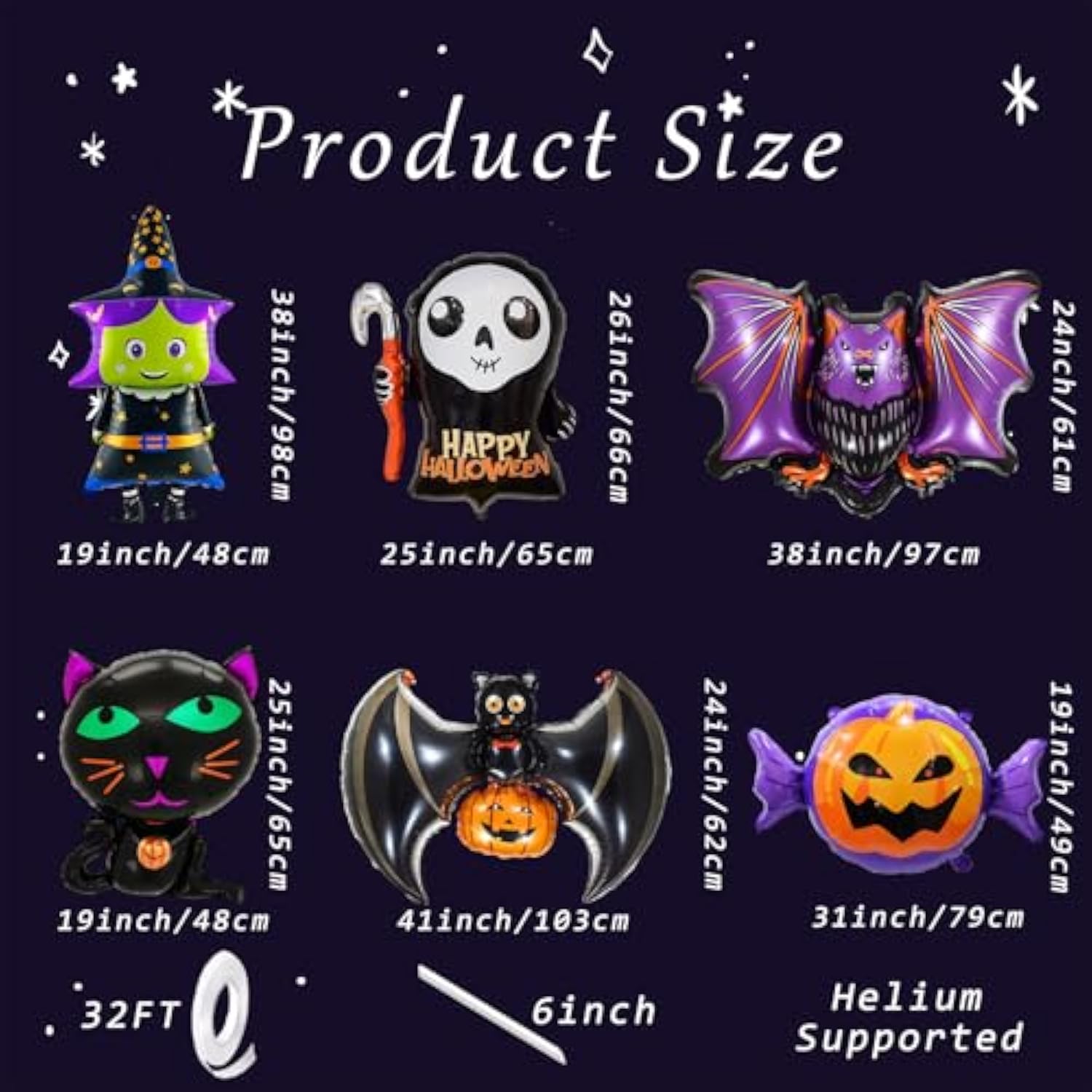 6Pcs Large Halloween Foil Balloons - Bat, Witch, Pumpkin, Cat, Skeleton, Ghost & Spider