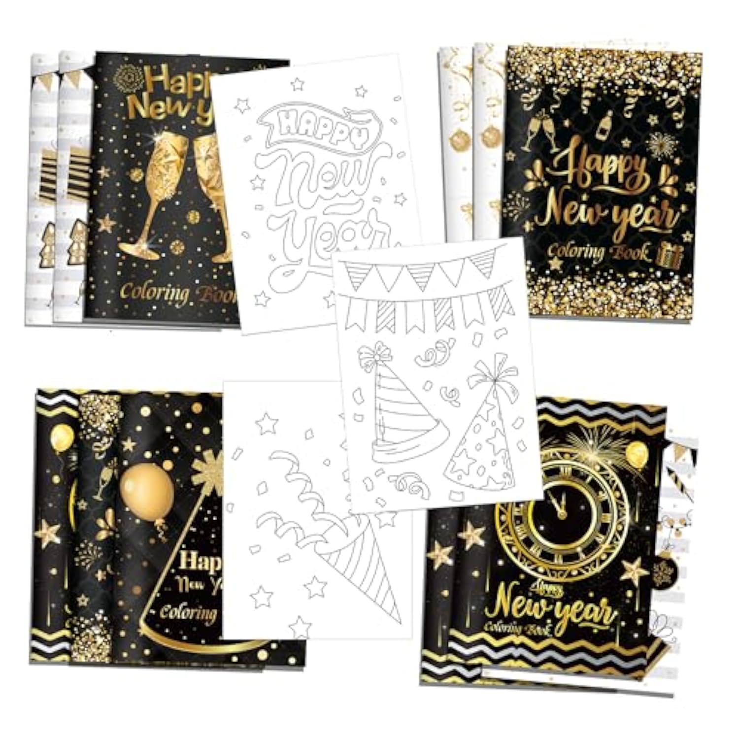 12Pcs Happy New Year Coloring Books Bulk, Black White New Year Hat Wine Glass Pattern Coloring Book Year Of 2026 For Holiday Party Activities Fillers Spring Festival Diy Drawing Book