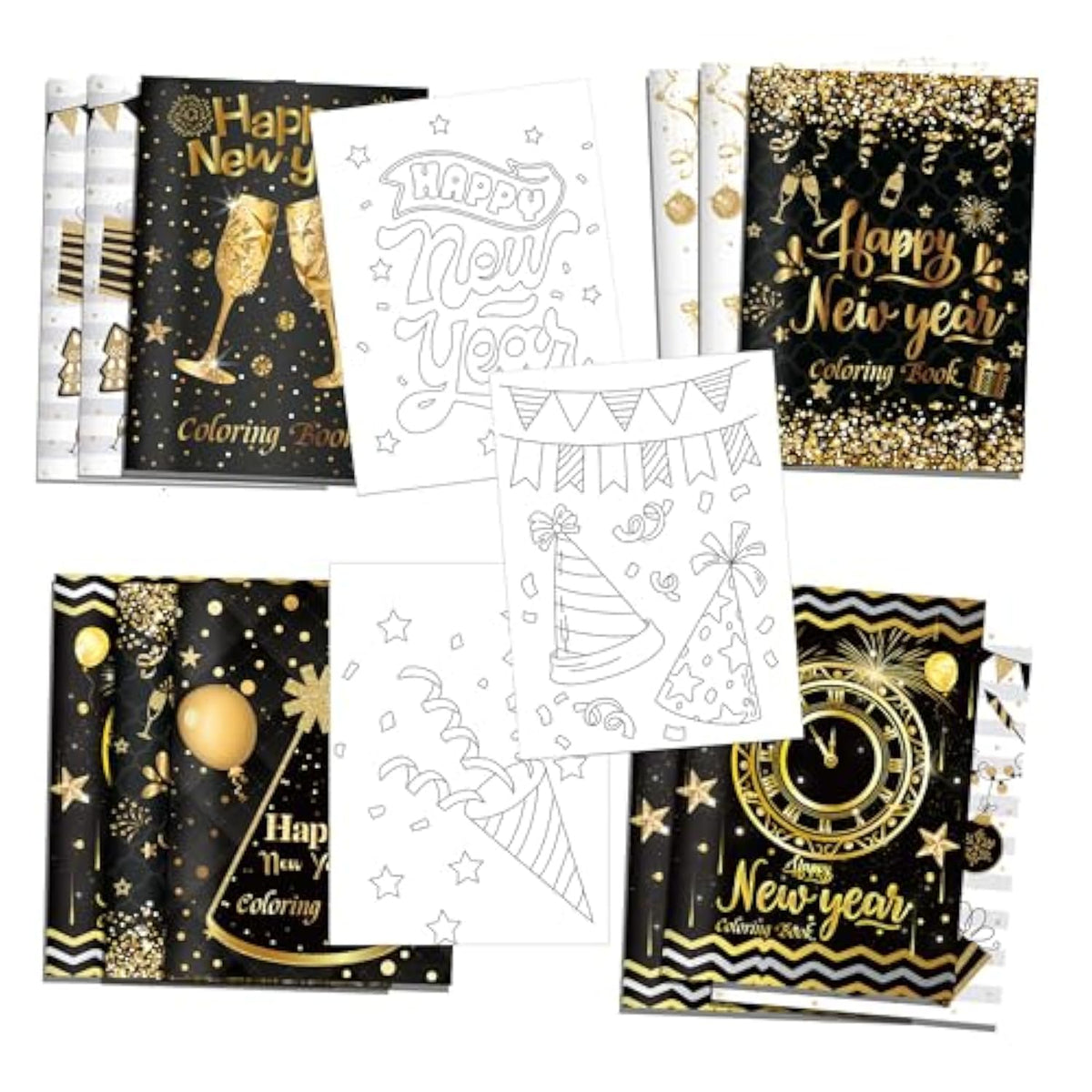 12Pcs Happy New Year Coloring Books Bulk, Black White New Year Hat Wine Glass Pattern Coloring Book Year Of 2026 For Holiday Party Activities Fillers Spring Festival Diy Drawing Book