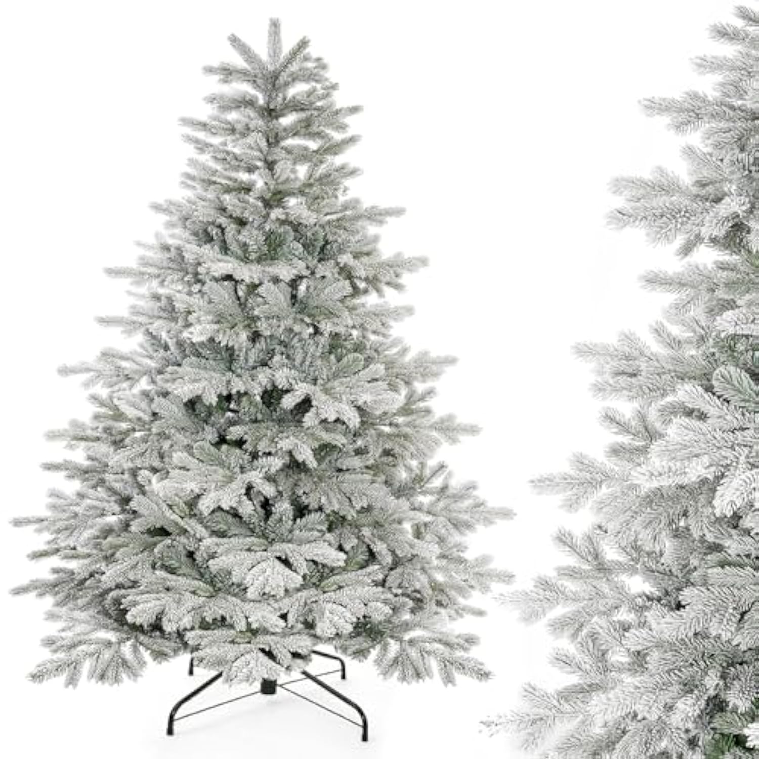 6Ft Artificial Christmas Tree, Unlit Snow Flocked Xmas Tree With 1571 Branch Tips And Sturdy Metal Stand For Indoor Outdoor Home Decoration
