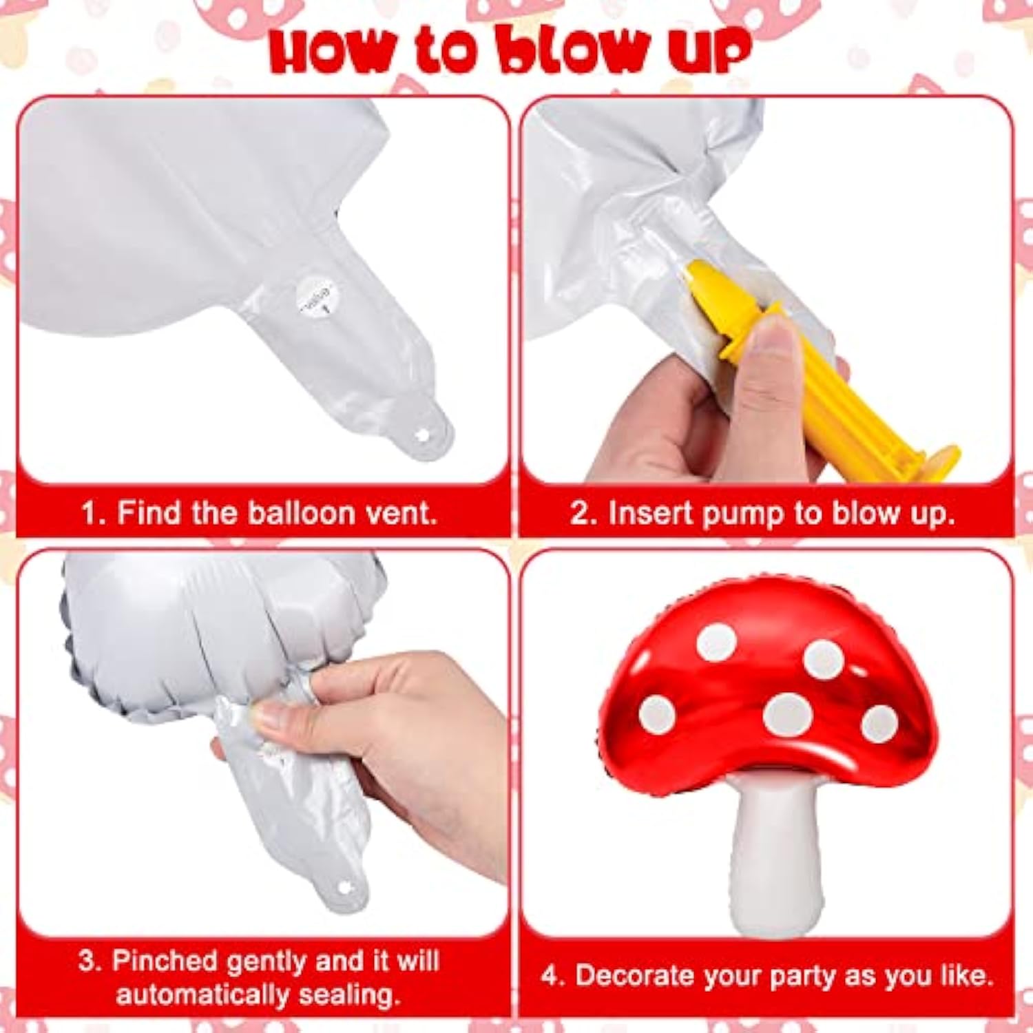 7 Pcs Cute Mushroom Balloons - 31 X 21 Inch Large Mushroom Aluminum Foil Balloons, Easy To Inflate, Fun Mushroom Birthday Forest Plant Theme Party Decorations Supplies