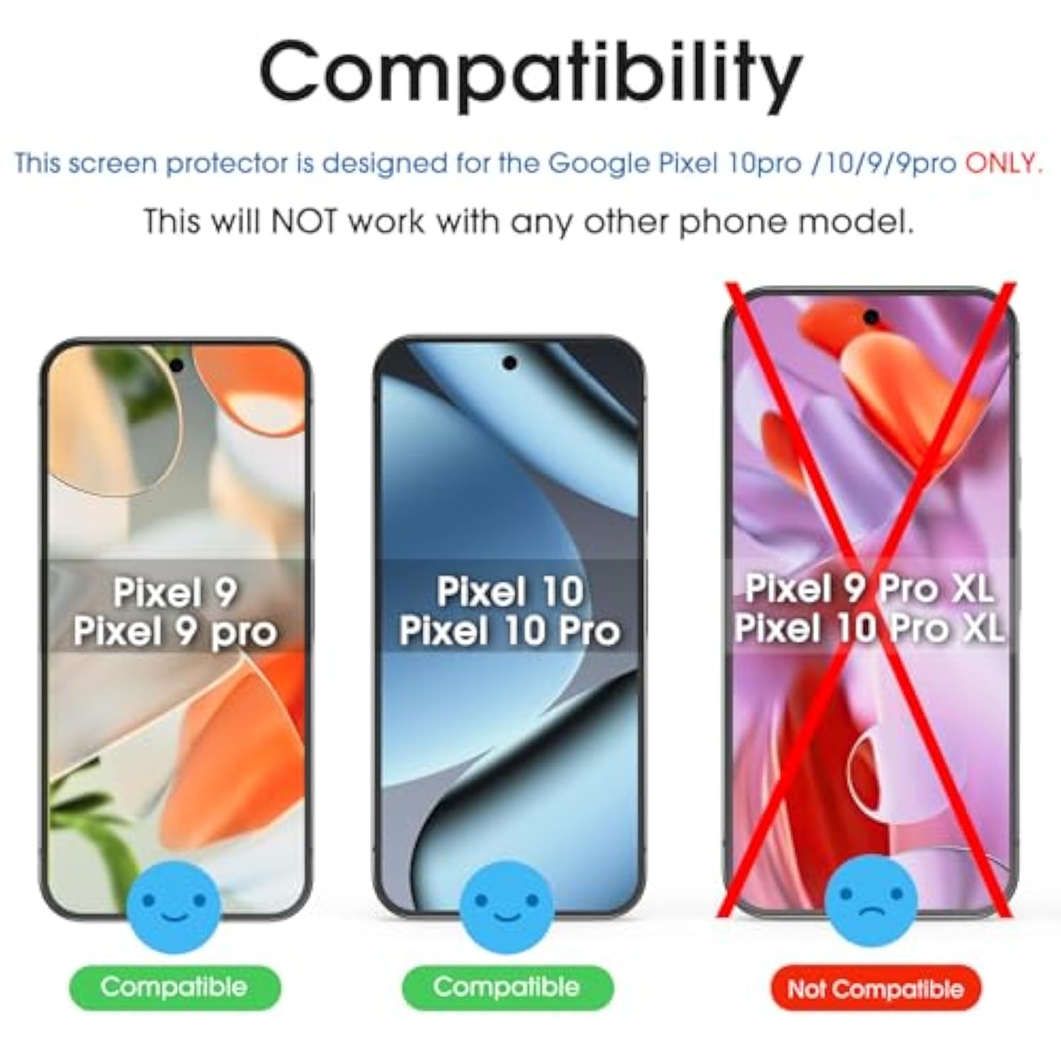 Pixel 9 Pro 6.3" Tempered Glass Screen Protector, Easy Install, 3 Pack