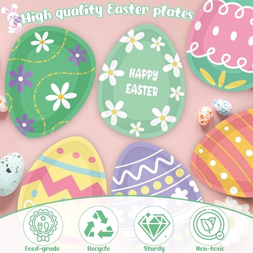 50 Pcs Easter Egg Shaped Paper Plates, 5.43 X 7.48 Inch Spring Dessert Plates Easter Decorations, 6 Designs Egg Shape Tableware, Disposable Bunny Party Table Decor Supplies for Spring Dinnerware