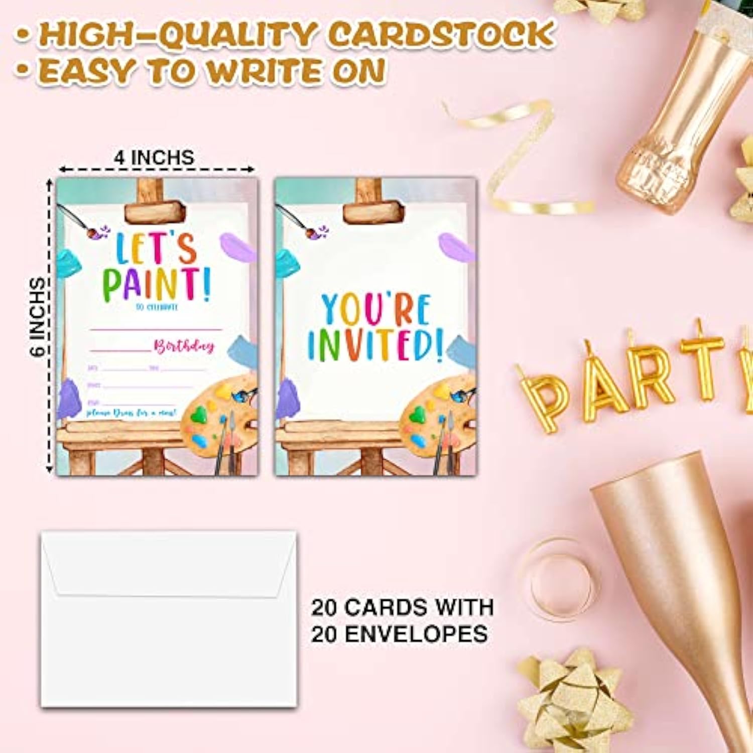 Art Birthday Party Invitations, Let'S Paint Birthday Invitation, Double-Sided Fill In Invites, Painting Birthday Party Decorations, 20 Cards With 20 Envelopes(D12)