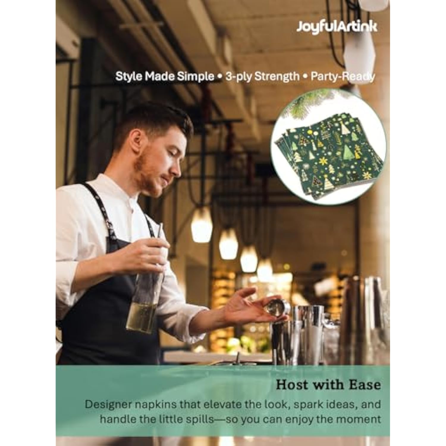 Premium Designer Paper Napkins, 3-Ply 6.5 X 6.5-Inches Fold Disposable Decorative Winter Guest Christmas Holly Green Festive New Year Tree Party Lunch Dinner Napkin (20, Festive Green)