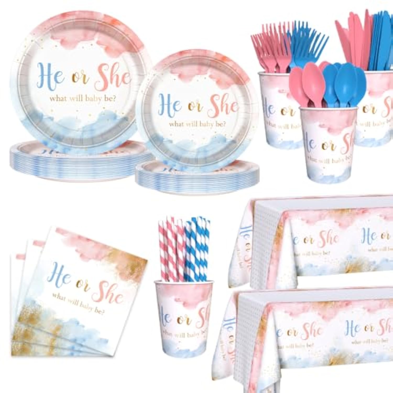 194 Pcs Gender Reveal Decorations Gender Reveal Paper Plates Cups And Napkins Sets He Or She Baby Shower Party Supplies Pink And Blue Disposable Tableware Set With Tablecloth Serves 24 Guests