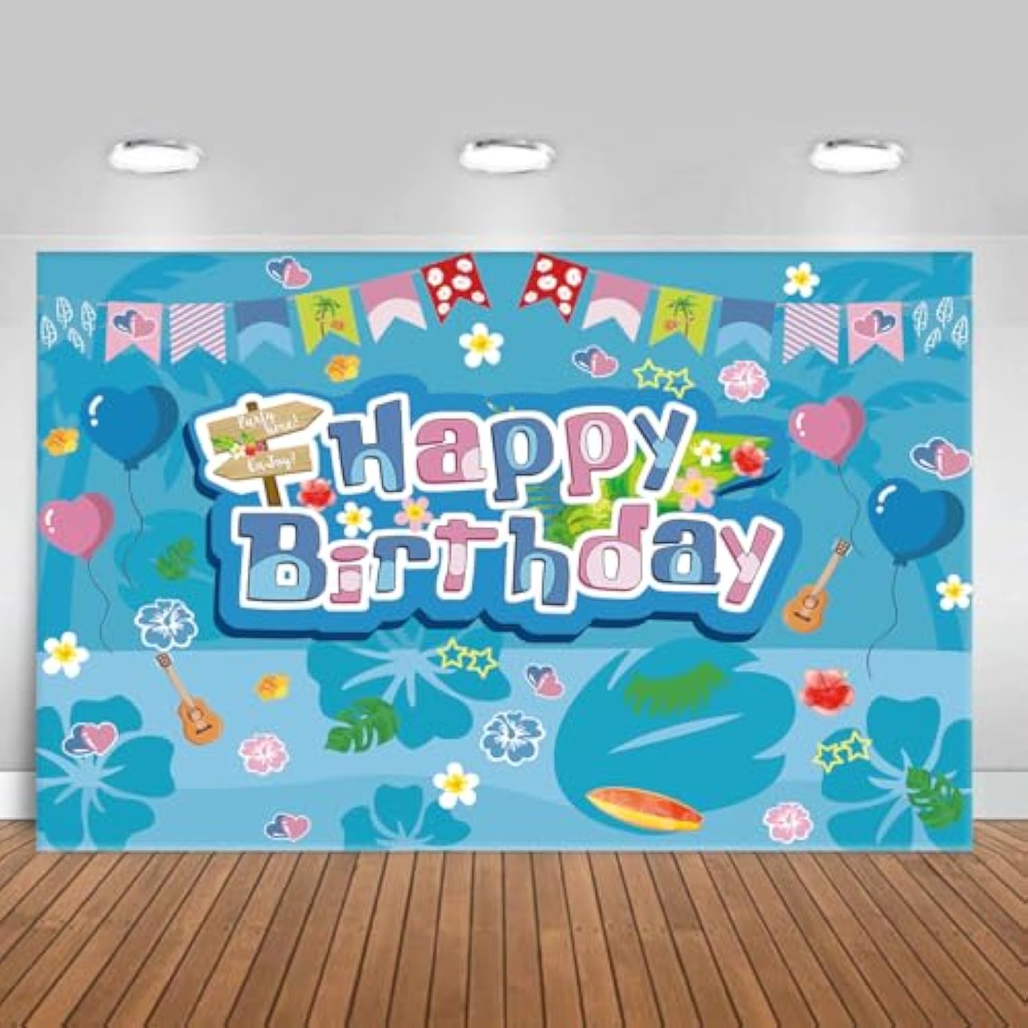 5×3 ft Blue & Pink Tropical Hawaii Cartoon Birthday Party Photography Backdrop