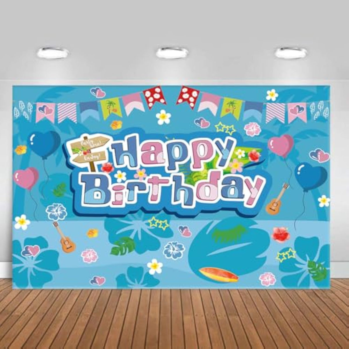 5×3 ft Blue & Pink Tropical Hawaii Cartoon Birthday Party Photography Backdrop