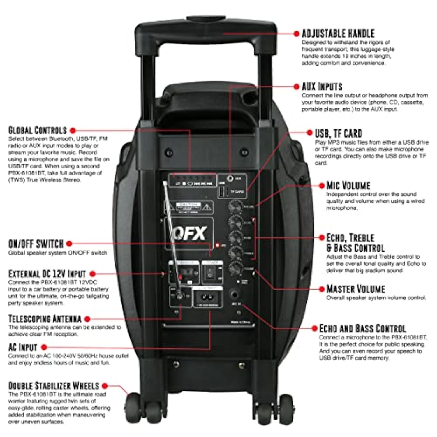 Pbx-61081 Rechargeable Portable Speaker | 8" Woofer | 400 Watts | Bluetooth, Aux, Sd Card, Fm Radio | Handle, Wheels, 12 Lbs | Perfect For Tailgating, Indoors, Outdoors Audio | Silver
