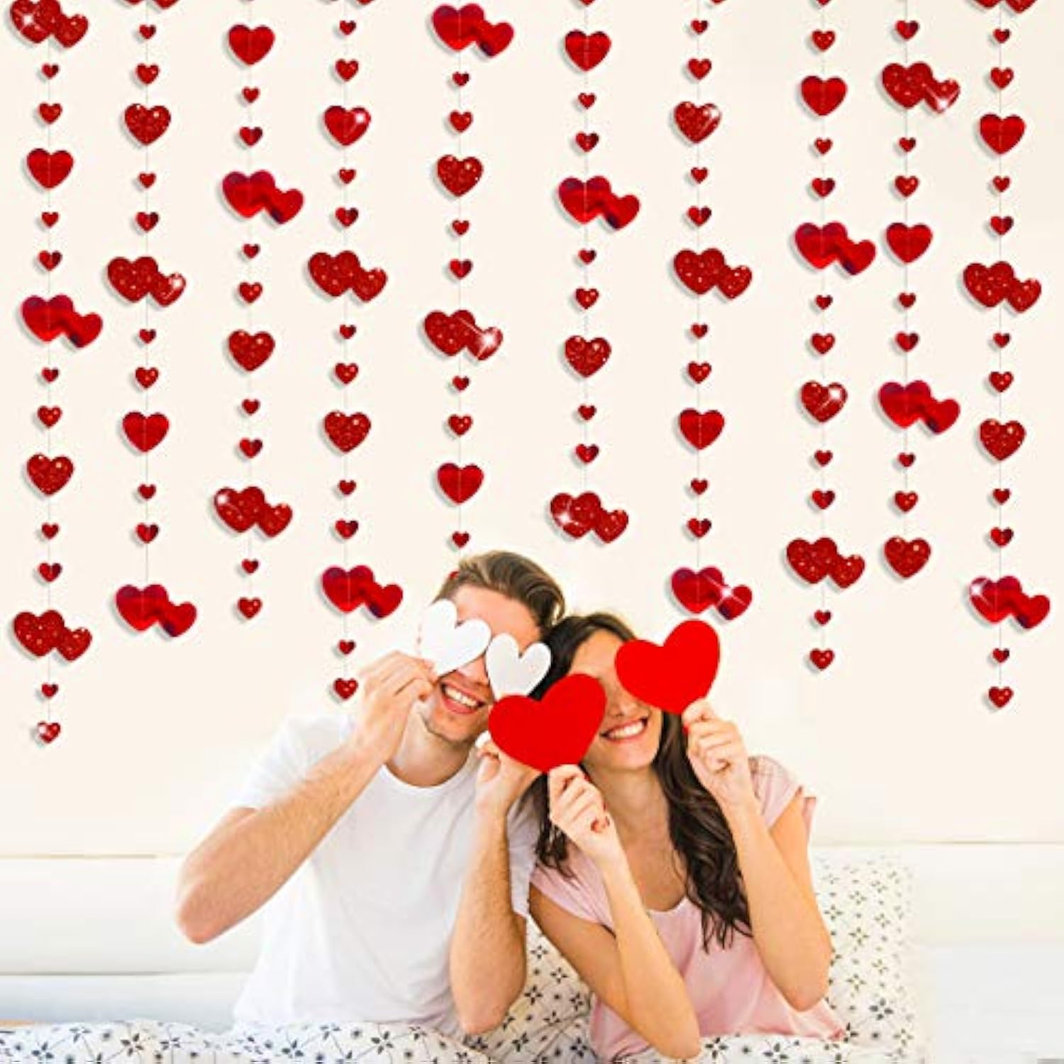 52Ft Valentines Day Party Decorations Red Heart Garland Metallic Glitter Hanging Heart Streamer Banner For Anniversary Mother'S Day Engagement Wedding Bridal Shower Bachelorette Hen Party Supplies