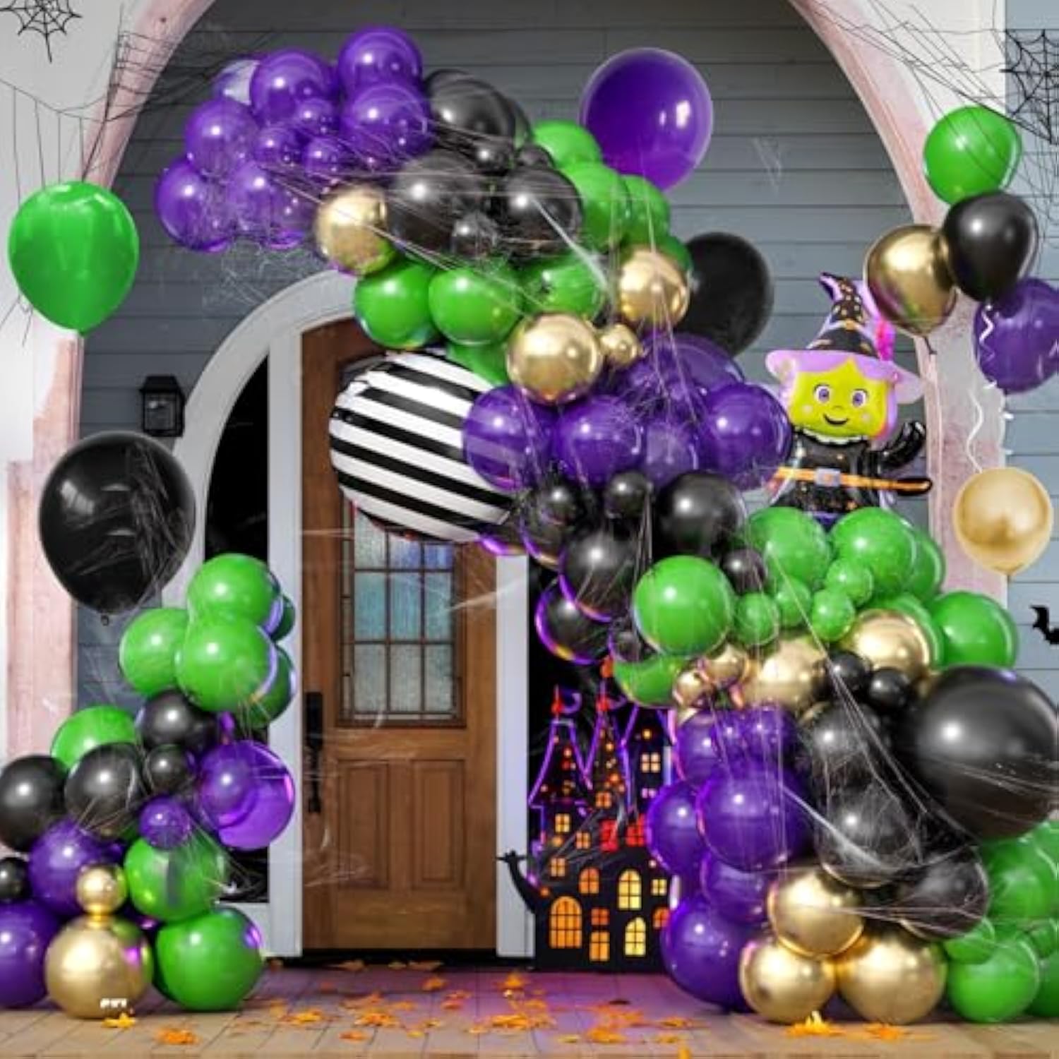 Halloween Balloon Arch Garland Kit Purple Orange Black Balloons with Spider Web Decor