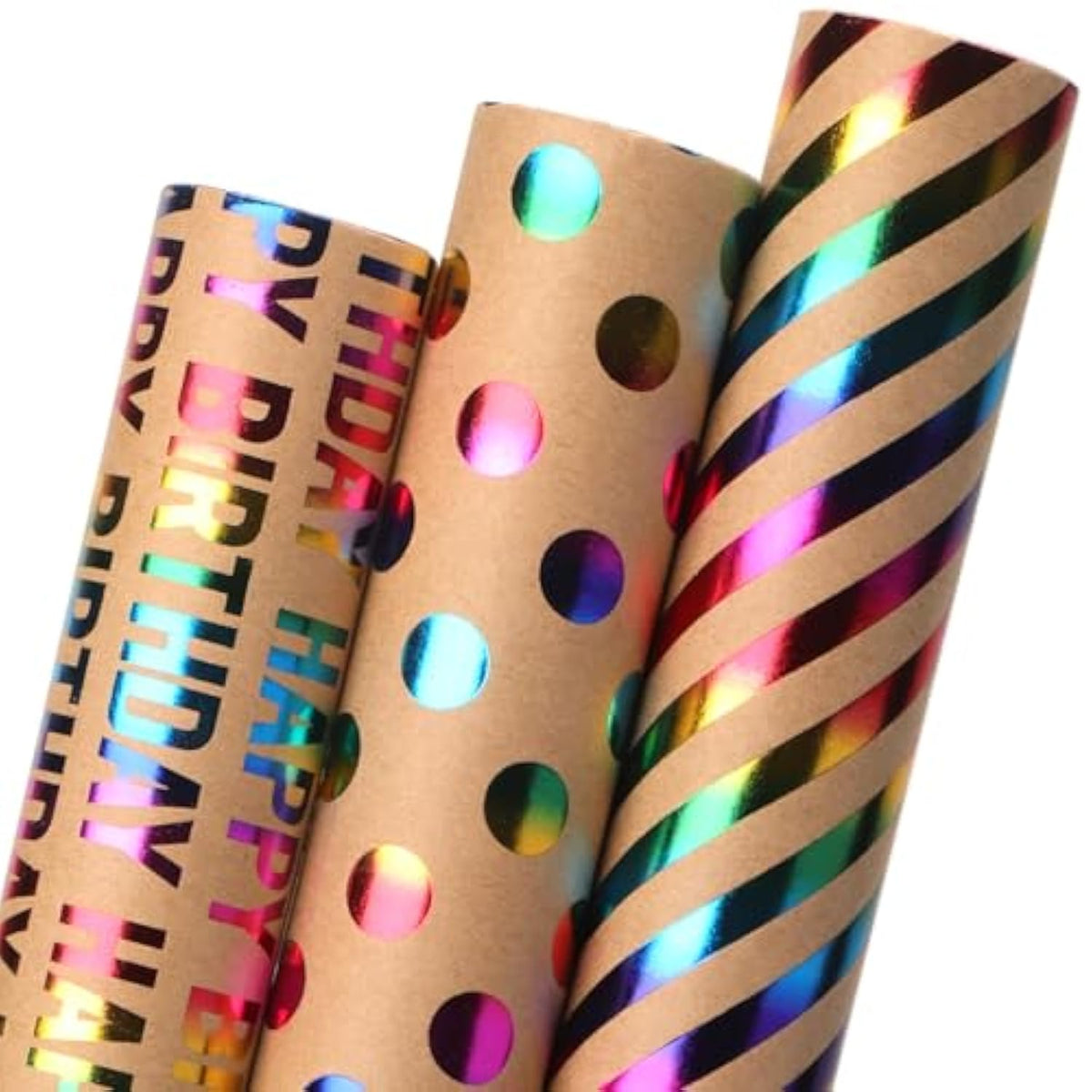 Birthday Kraft Wrapping Paper Iridescent Gift Wrapping Paper Mini Roll, 3 Rolls Happy Birthday Polka Dots Stripes Printed Assortment - 17 Inch X 120 Inch(10Feet) Per Roll