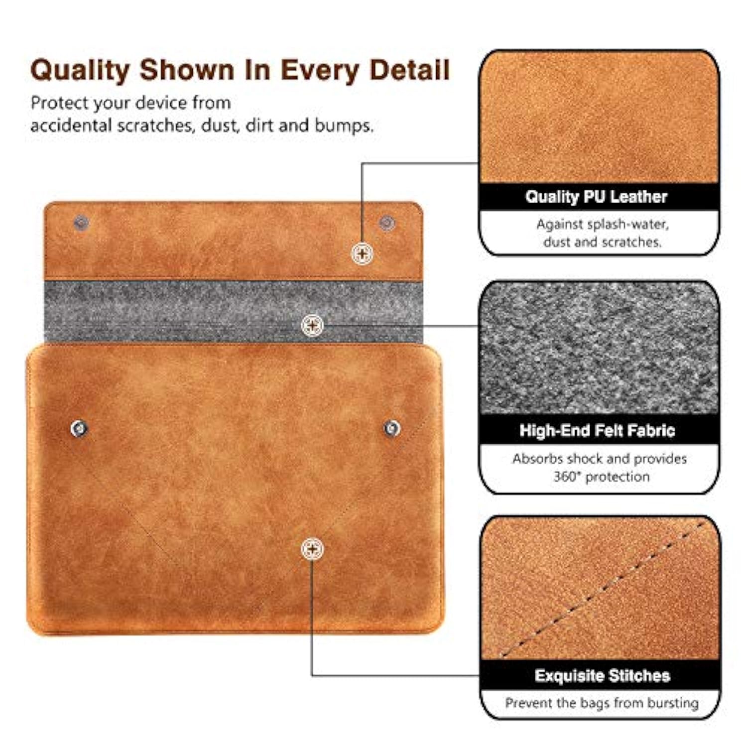 MoKo 13-13.3 Inch Laptop Sleeve Fits MacBook Pro 13" M2/M1, MacBook Pro 14", MacBook Air 13.3", iPad Pro 12.9", Surface Pro 9/8 13", Felt & PU Leather Case Bag with Pocket, Gray&Brown