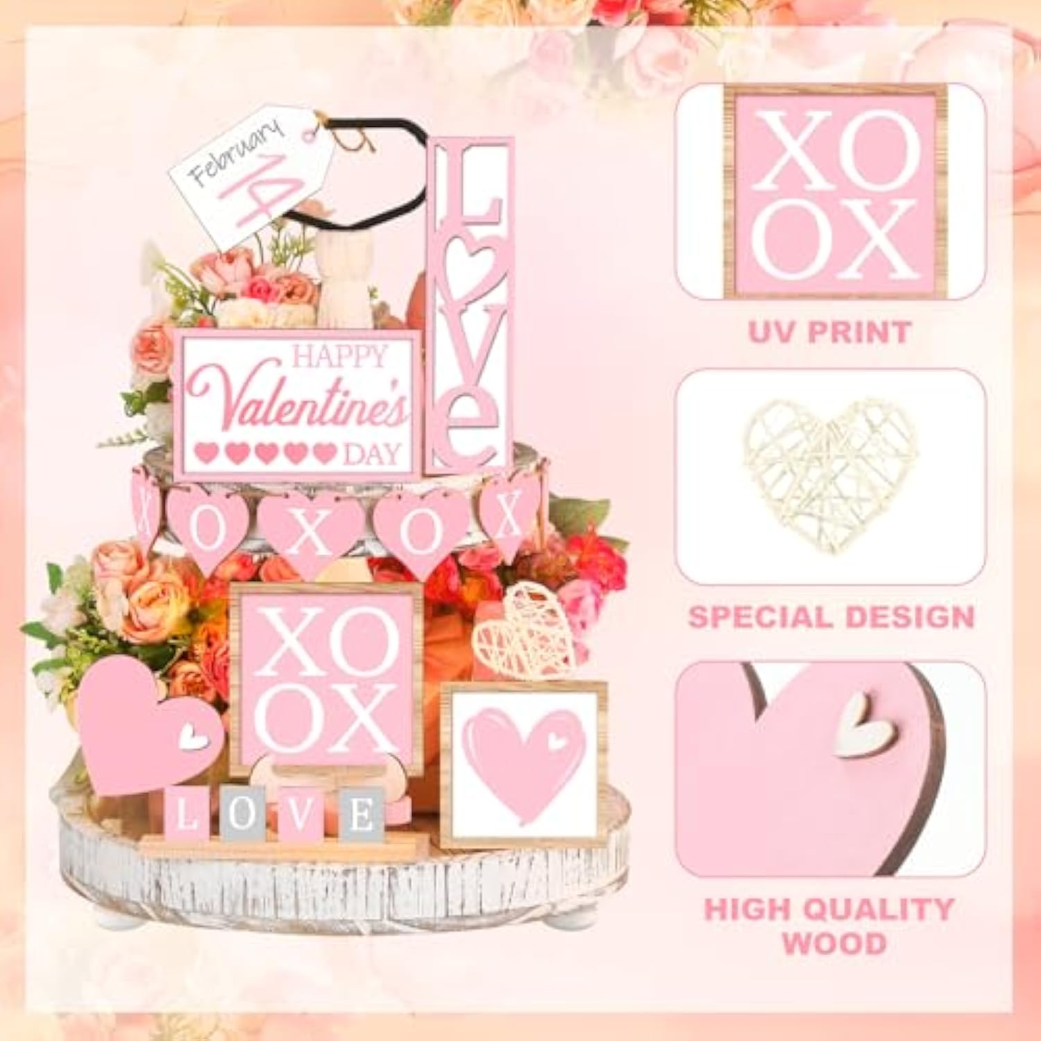 21 Pcs Valentine Tiered Tray Decor Set Valentine Table Decorations Conversation Heart Wooden Decoration Farmhouse Valentines Day Decorations Heart Wooden Signs For Home(Cute)