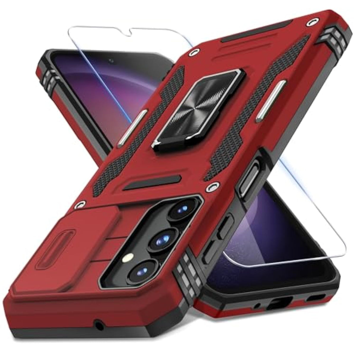 Case For Samsung Galaxy A16 5G With Slide Camera Cover+Screen Protector (1 Pack), Rotated Ring Kickstand Military Grade Shockproof Protective Cover-Red
