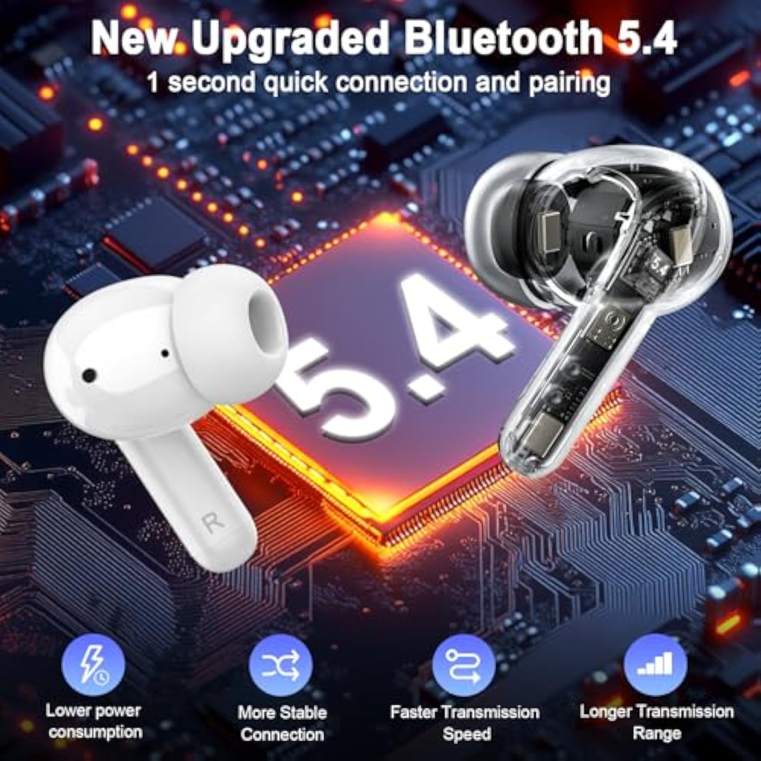 Wireless Earbuds, 2025 Bluetooth 5.4 Headphones Deep Bass Stereo Ear Buds, 4 Enc Noise Cancelling Mic 36Hrs Usb-C In-Ear Earphones Ip7 Waterproof Sport Workout For Laptop Pad Android Ios Phone, White